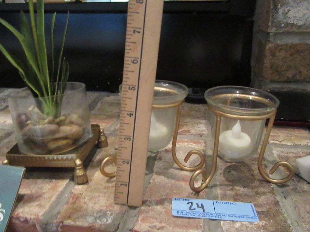 ASSORTED CANDLES, CANDLE HOLDERS, AND FLORAL ARRANGEMENT