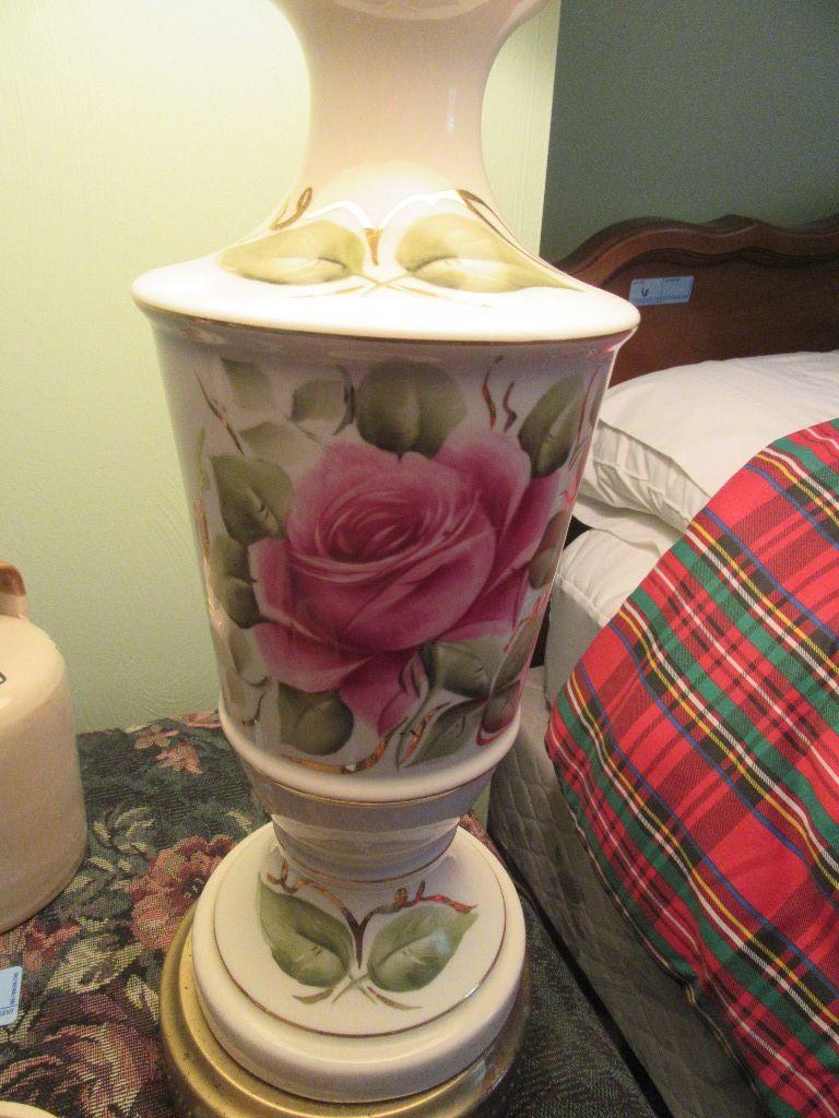 PAIR OF ROSE MOTIF BEDROOM LAMPS. ONE WITH TRAY