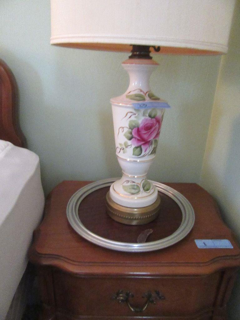 PAIR OF ROSE MOTIF BEDROOM LAMPS. ONE WITH TRAY