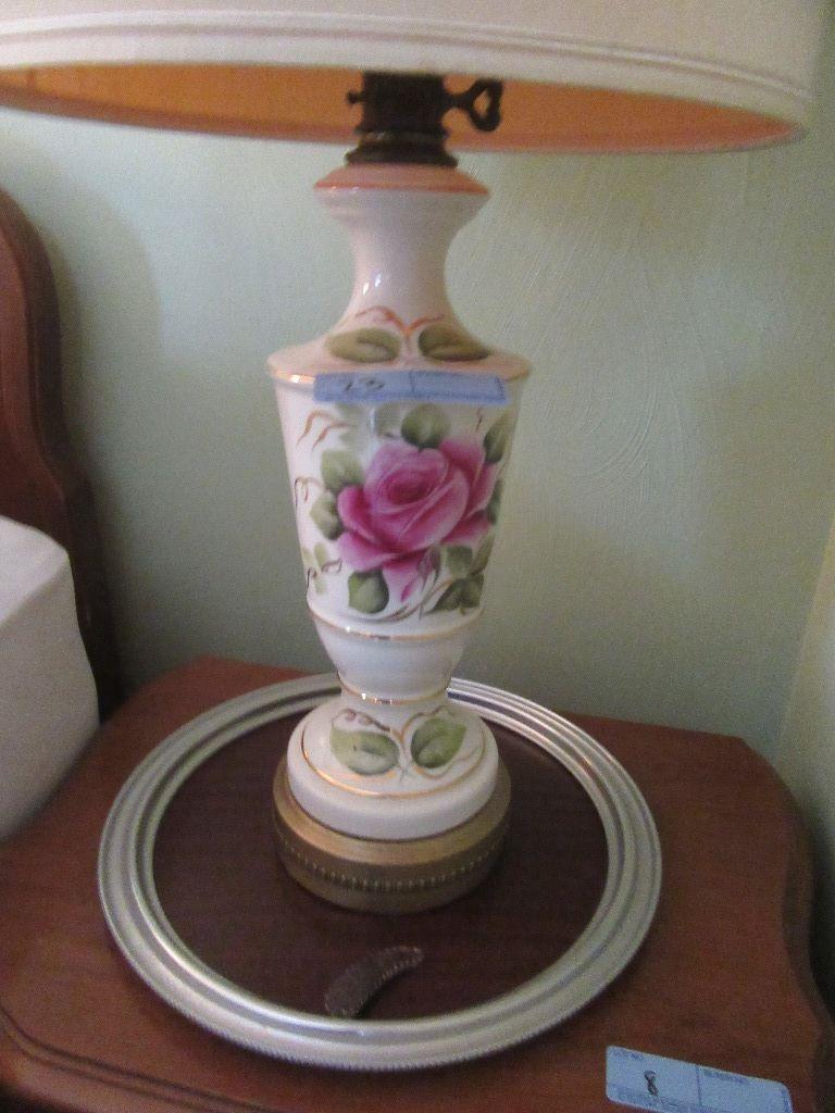 PAIR OF ROSE MOTIF BEDROOM LAMPS. ONE WITH TRAY