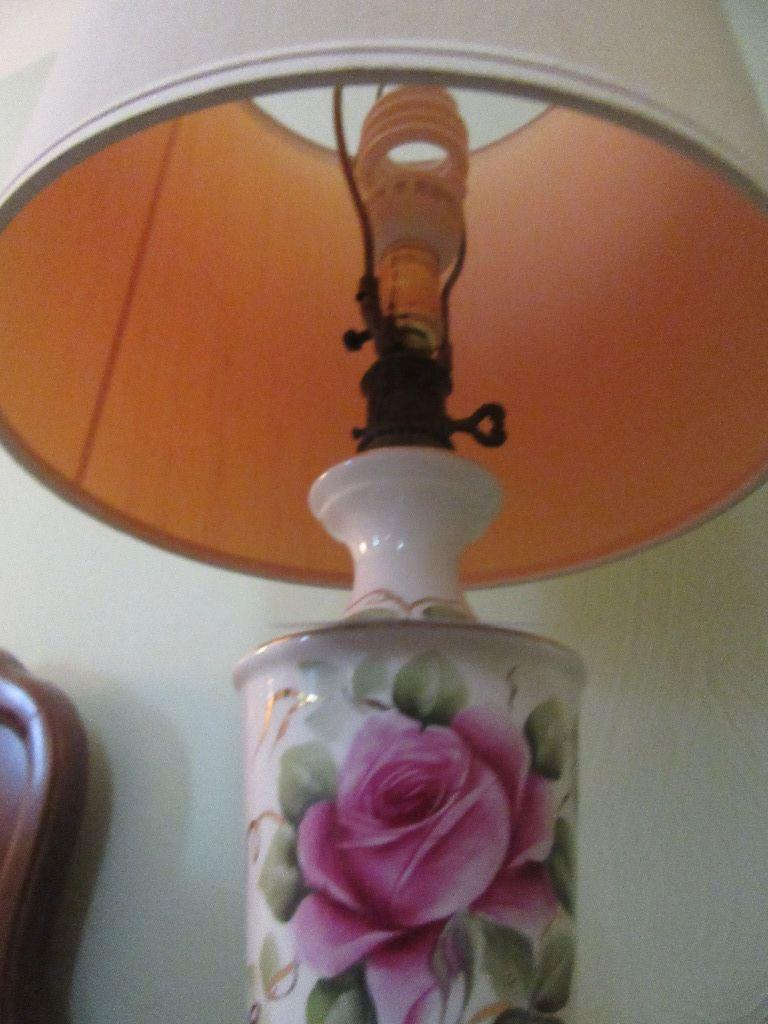PAIR OF ROSE MOTIF BEDROOM LAMPS. ONE WITH TRAY