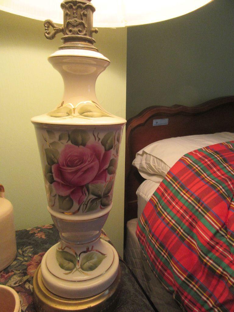 PAIR OF ROSE MOTIF BEDROOM LAMPS. ONE WITH TRAY
