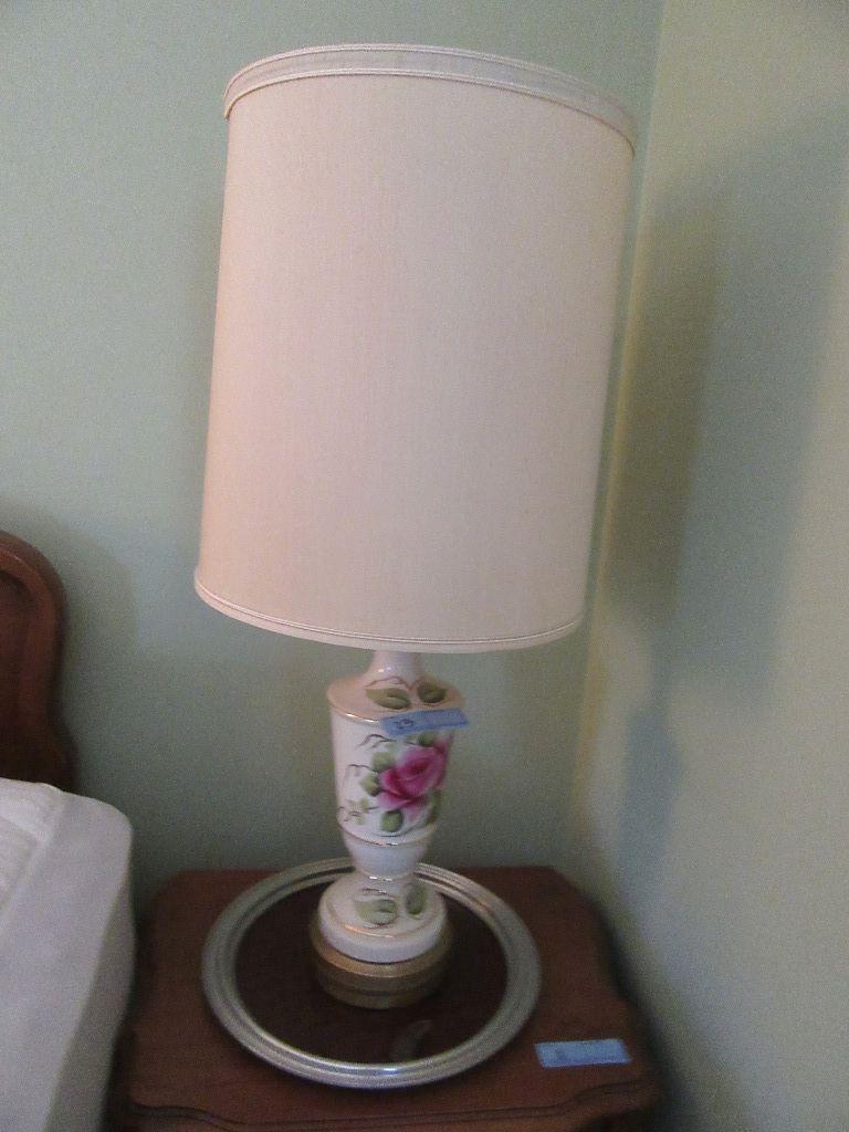 PAIR OF ROSE MOTIF BEDROOM LAMPS. ONE WITH TRAY