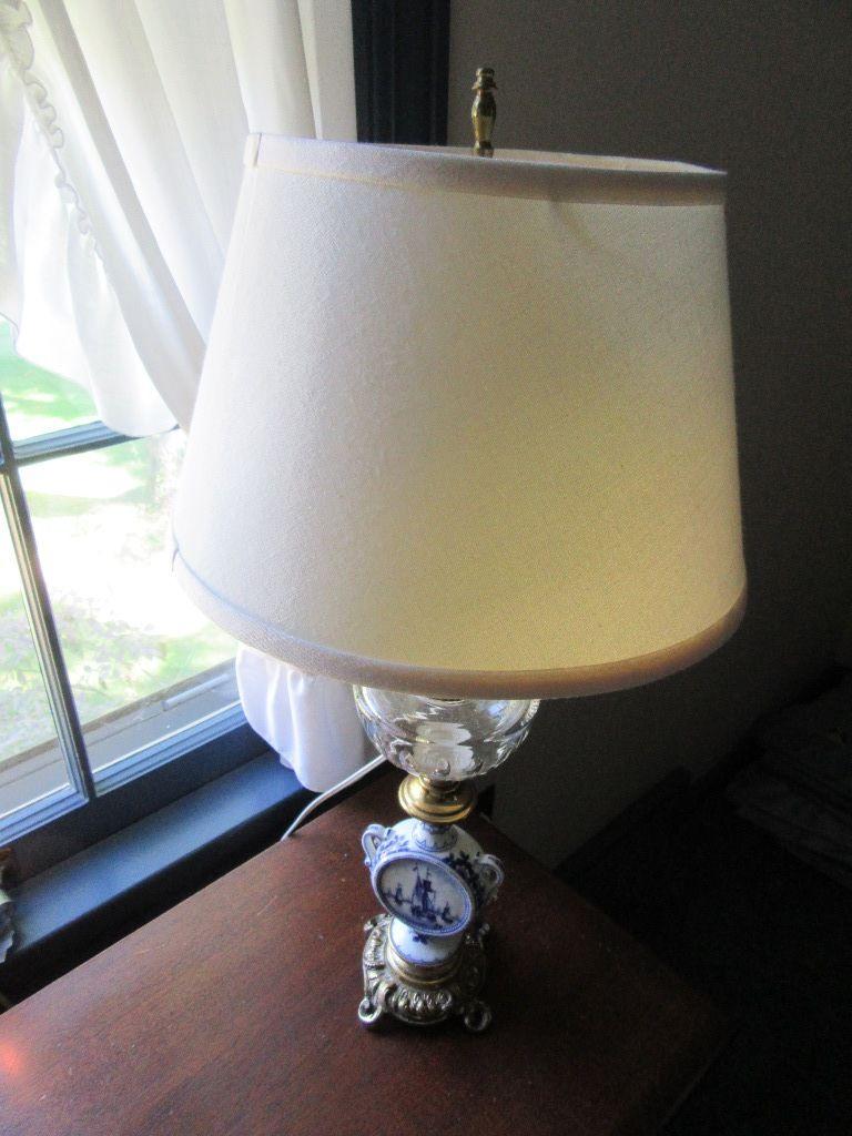 PAIR OF DUTCH MOTIF GLASS OIL LAMP STYLE BEDROOM LAMPS