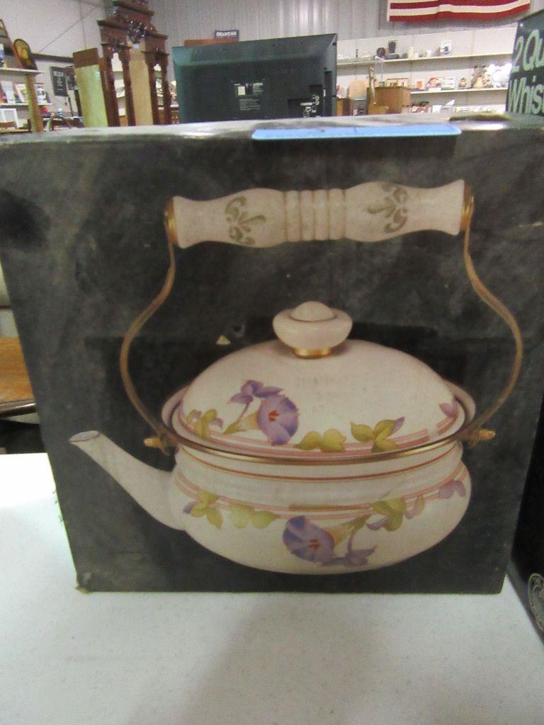 2 QT TEA KETTLE PORCELAIN ENAMEL ON STEEL WITH CERAMIC HANDLE IN BOX