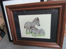 WOOD FRAMED PICTURES AND NEEDLEWORK