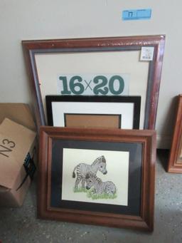 WOOD FRAMED PICTURES AND NEEDLEWORK