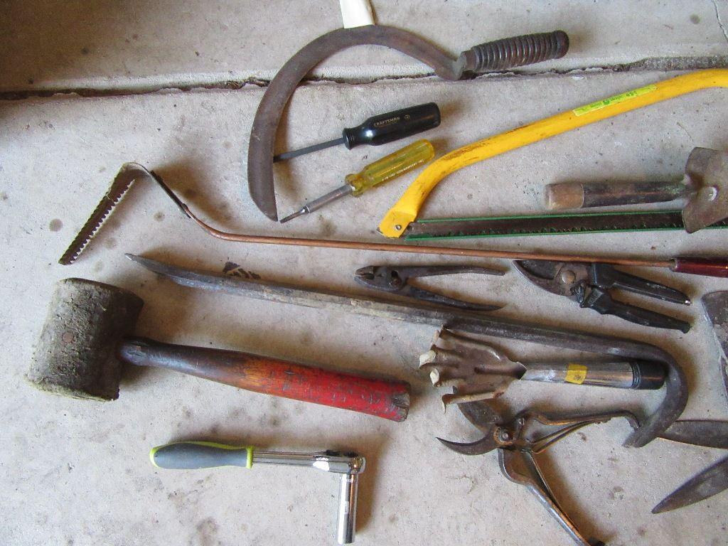 VARIETY OF HAND TOOLS INCLUDING SNIPPERS, CLIPPERS, ETC