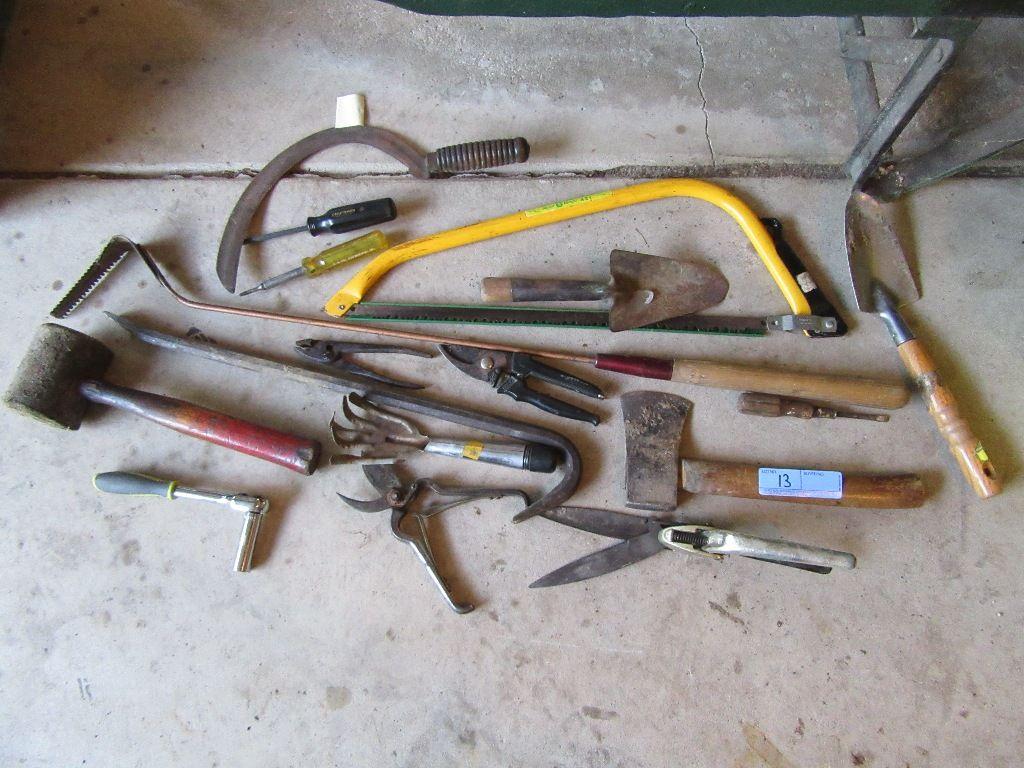 VARIETY OF HAND TOOLS INCLUDING SNIPPERS, CLIPPERS, ETC