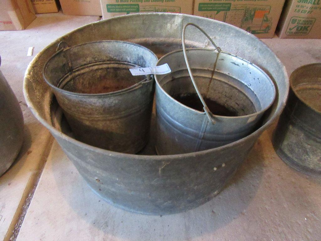 GALVANIZED WASH TUB AND 2 BUCKETS