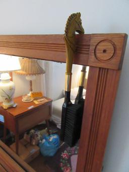 WALL MIRROR, HORSE HEAD END CLOTHES BRUSH, AND PAINTED WOODEN PLAQUE