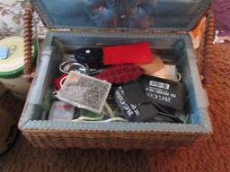 WICKER SEWING BOX FULL OF SUPPLIES