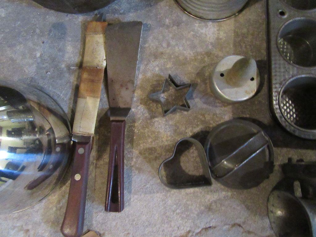 VINTAGE SIFTER. COOKIE CUTTERS, CAKE PANS, AND ETC