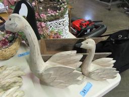 WOODEN GOOSE FIGURINES AND GOOSE PLANTER