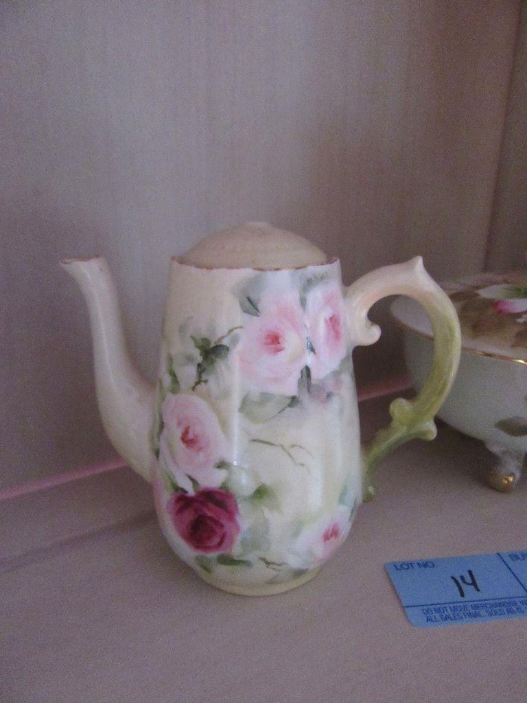 LIMOGE SMALL PITCHER, CHIPPED AND LEFTON HAND PAINTED COVERED BOWL