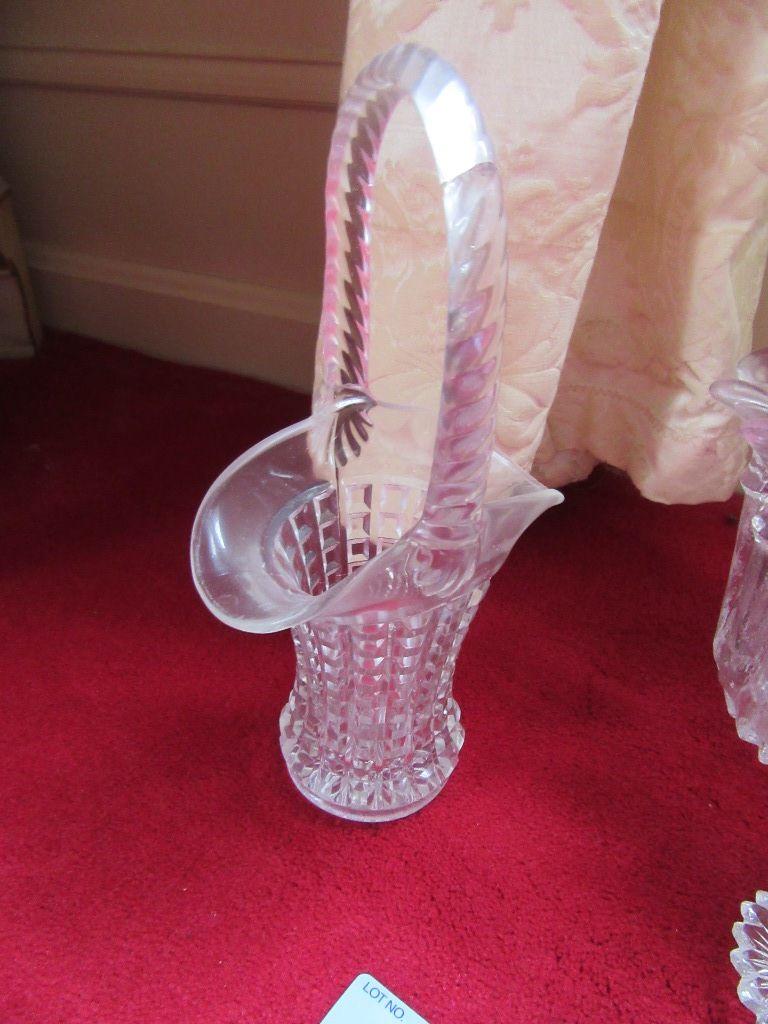 GLASS BASKET, HANDLE CRACKED. HEAVY GLASS VASE. AND PLATE