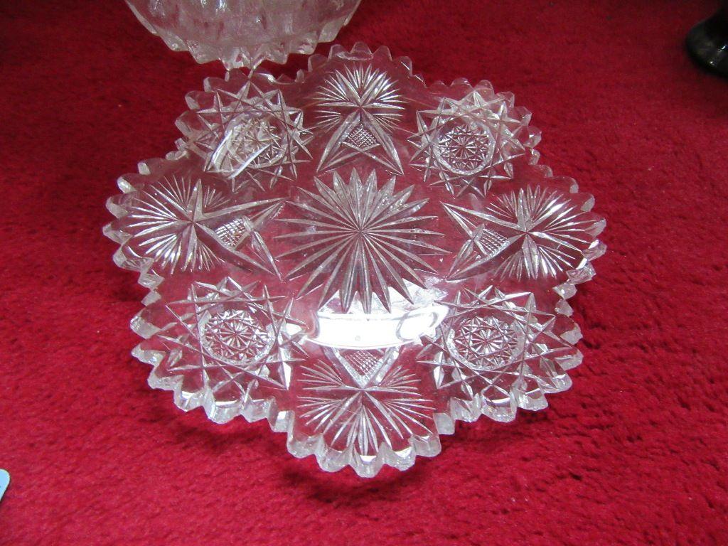 GLASS BASKET, HANDLE CRACKED. HEAVY GLASS VASE. AND PLATE