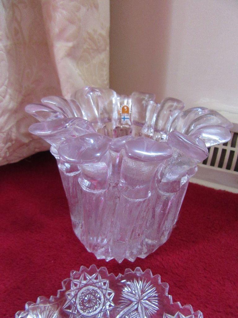 GLASS BASKET, HANDLE CRACKED. HEAVY GLASS VASE. AND PLATE