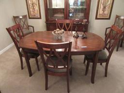 INLAID TABLE WITH ONE LEAF AND MATCHING SET OF 4 CHAIRS AND 2 HOST CHAIRS.