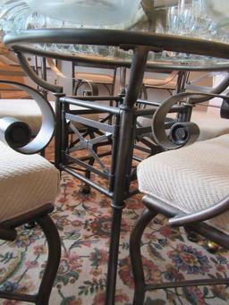 ROUND GLASS TOP TABLE WITH 4 MATCHING CHAIRS. ONE COASTER MISSING