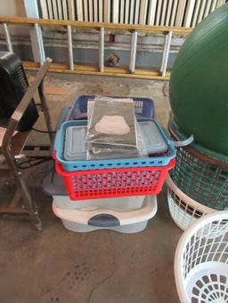 ASSORTED BASKETS, TOTES AND EXERCISE BALL