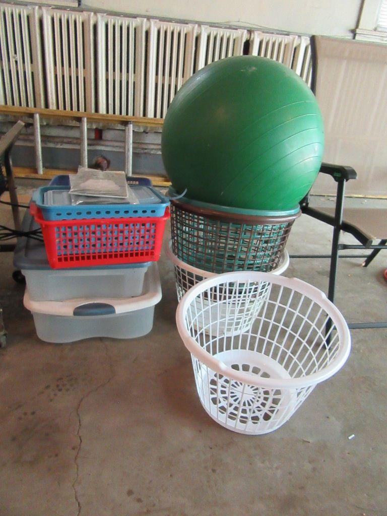 ASSORTED BASKETS, TOTES AND EXERCISE BALL