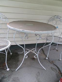 SMALL METAL AND GLASS TOP TABLE WITH 2 CHAIRS