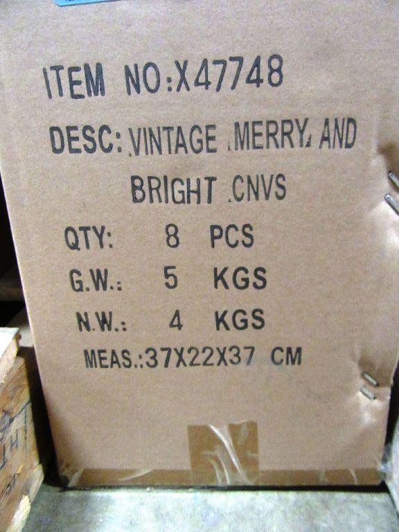 1 BOX OF VINTAGE MERRY AND BRIGHT CANVAS. 8 PIECES TOTAL