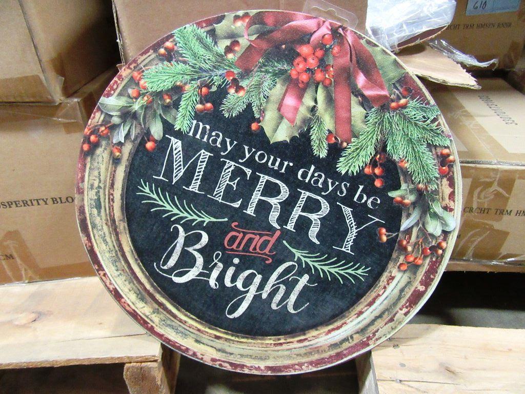 1 BOX OF VINTAGE MERRY AND BRIGHT CANVAS. 8 PIECES TOTAL