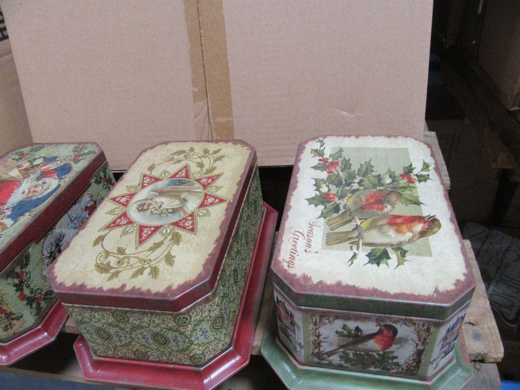 1 BOX OF VINTAGE TINS 3 ASSORTED. 8 PIECES TOTAL