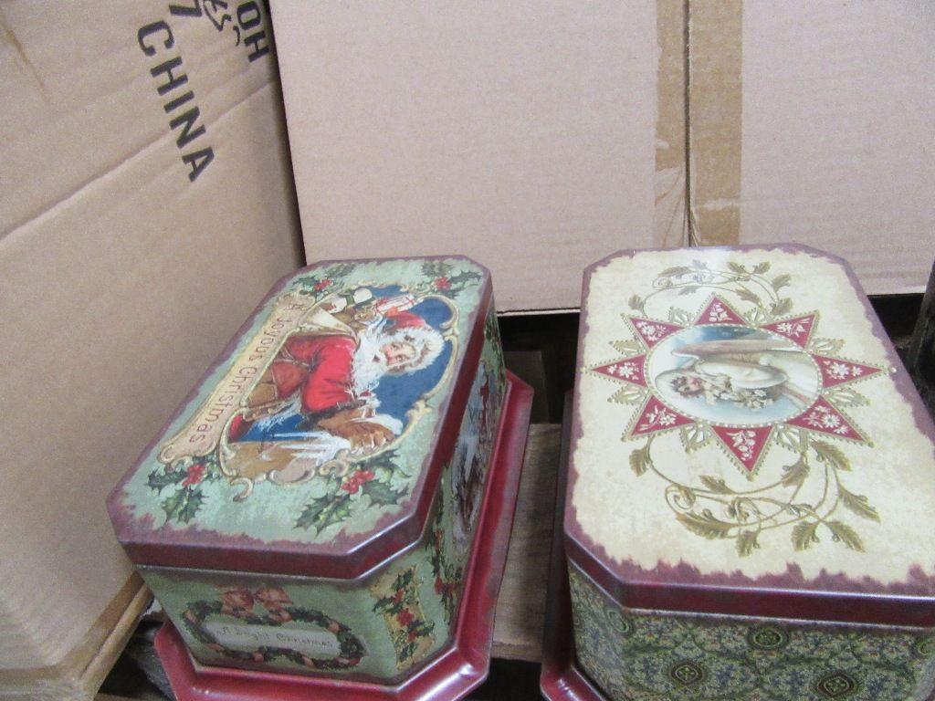 1 BOX OF VINTAGE TINS 3 ASSORTED. 8 PIECES TOTAL