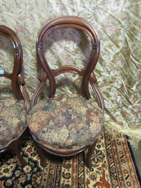 3 VICTORIAN STYLE TAPESTRY UPHOLSTRED CHAIRS. ONE BROKEN