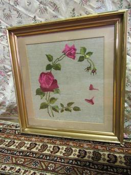 FRAMED EMBROIDERED ROSE NEEDLEWORK