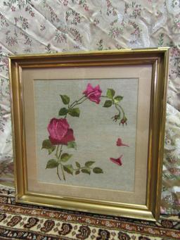 FRAMED EMBROIDERED ROSE NEEDLEWORK