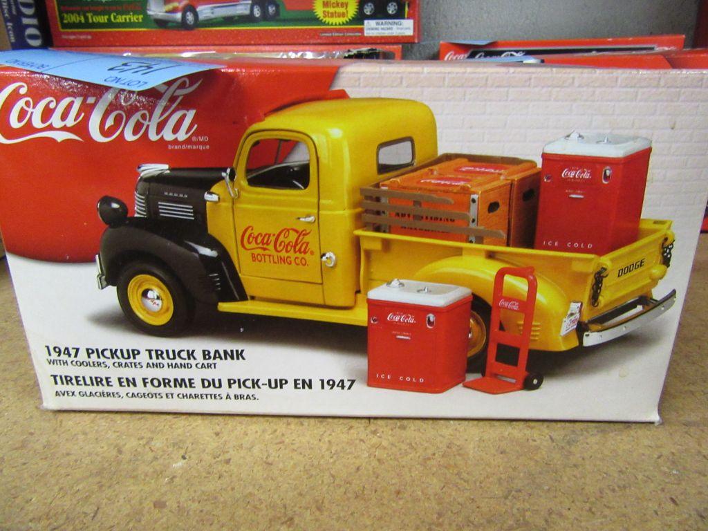 COCA-COLA 1947 PICK UP TRUCK BANK WITH COOLERS, CRATES, AND HANDCART