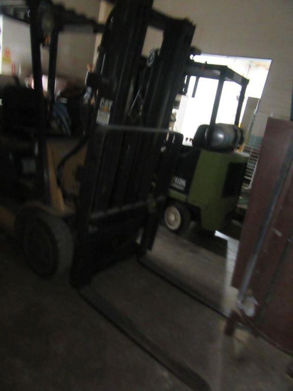 CAT FORKLIFT. SOLID TIRES. PROPANE. MODEL NUMBER C5000. NEEDS RADIATOR