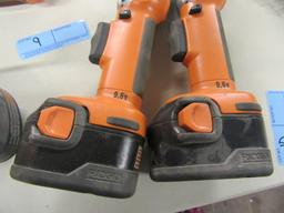 (2) RIDGID QUARTER INCH HEX COUPLER SCREWDRIVERS 9.6 VOLT. INCLUDES 3 BATTE