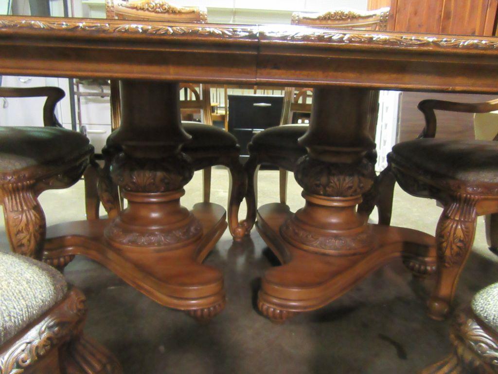 FRENCH PINE DOUBLE PEDESTAL TABLE, 2 LEAVES, 6 CHAIRS