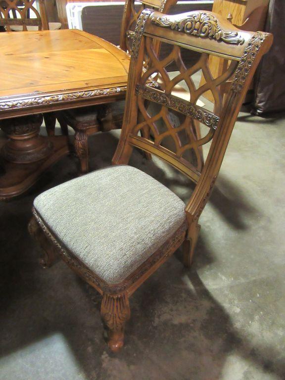 FRENCH PINE DOUBLE PEDESTAL TABLE, 2 LEAVES, 6 CHAIRS