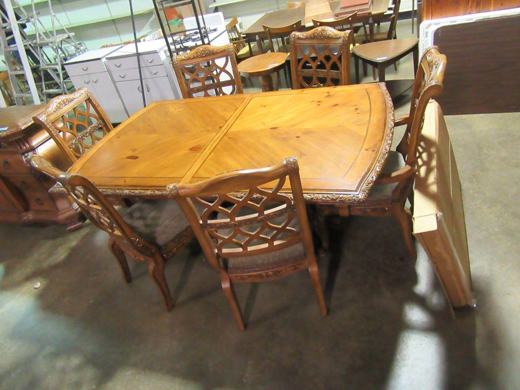 FRENCH PINE DOUBLE PEDESTAL TABLE, 2 LEAVES, 6 CHAIRS