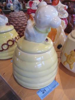 BEEHIVE COOKIE JAR WITH BEAR TOP.