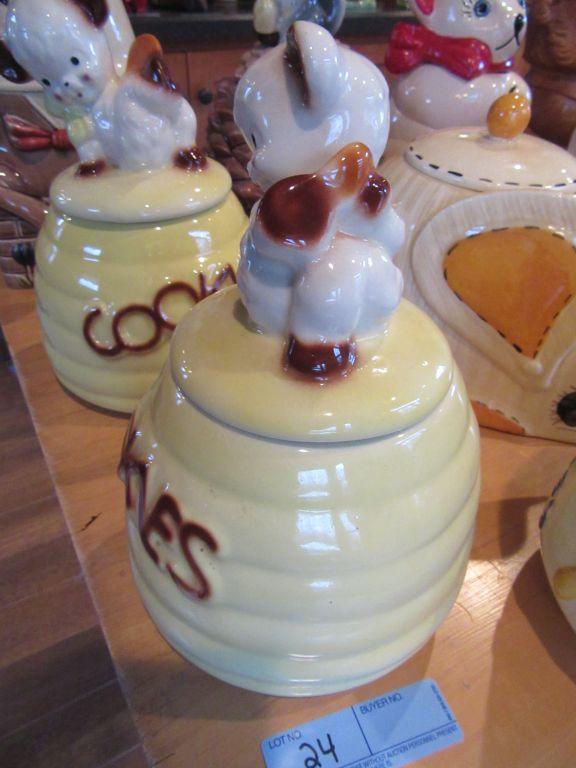 BEEHIVE COOKIE JAR WITH BEAR TOP.