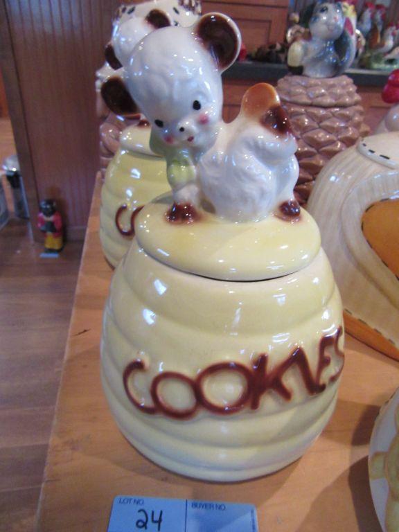 BEEHIVE COOKIE JAR WITH BEAR TOP.