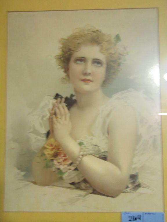 VINTAGE WOMAN IN WHITE DRESS PRINT IN FRAME. NO NAME