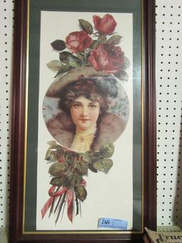 VINTAGE WOMAN IN COAT AND HAT PRINT WITH FLOWER IN FRAME. NO NAME