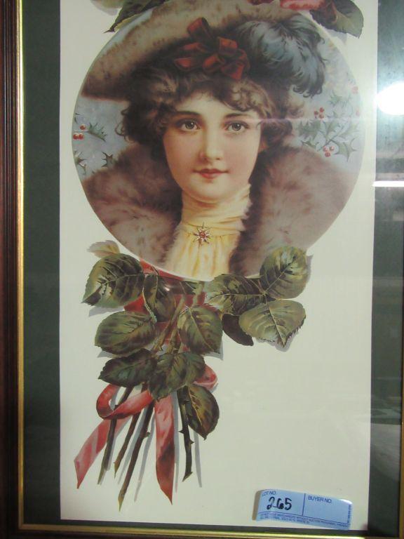 VINTAGE WOMAN IN COAT AND HAT PRINT WITH FLOWER IN FRAME. NO NAME