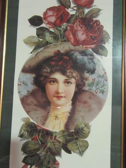 VINTAGE WOMAN IN COAT AND HAT PRINT WITH FLOWER IN FRAME. NO NAME