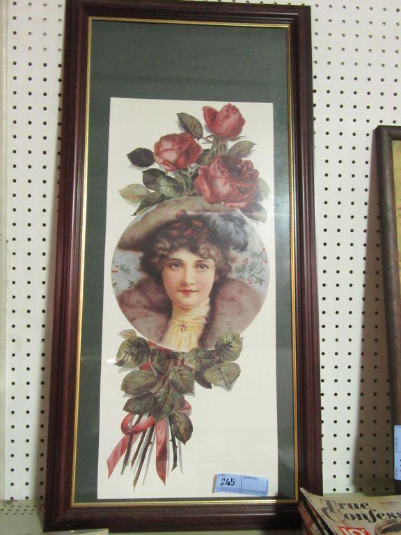 VINTAGE WOMAN IN COAT AND HAT PRINT WITH FLOWER IN FRAME. NO NAME