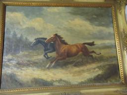 GOLD FRAMED RUNNING STALLIONS OIL ON CANVAS BY EXNER. FRAME HAS SOME CHIPS