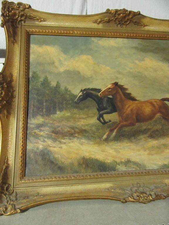 GOLD FRAMED RUNNING STALLIONS OIL ON CANVAS BY EXNER. FRAME HAS SOME CHIPS